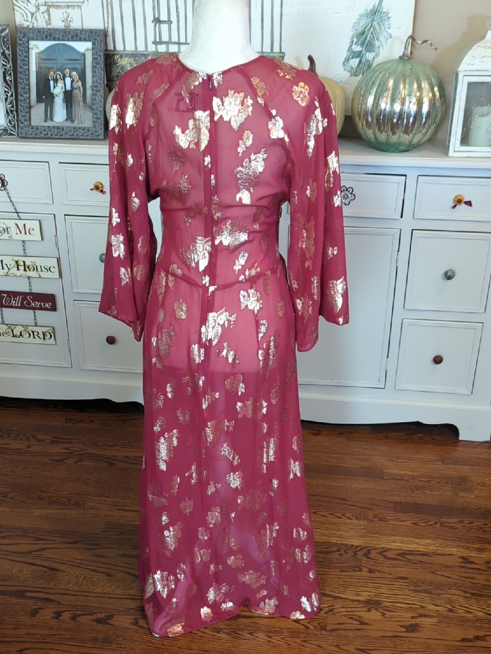 Opaline Designer Sheer Silk Dusty Rose Metallic Floral Tie-Waist Midi Dress - Picture 5 of 11